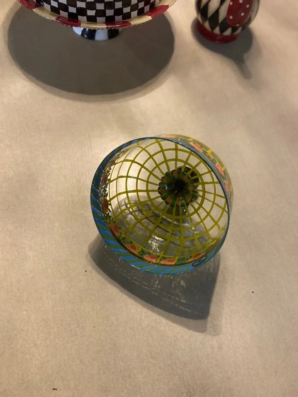 MacKenzie-Childs Hand-Painted Glass Dome Cloche in Yellow, Blue, Pink, Green